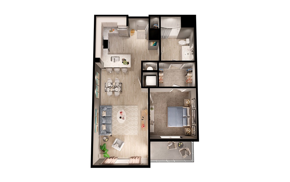 A1 - 1 bedroom floorplan layout with 1 bathroom and 858 square feet (3D)