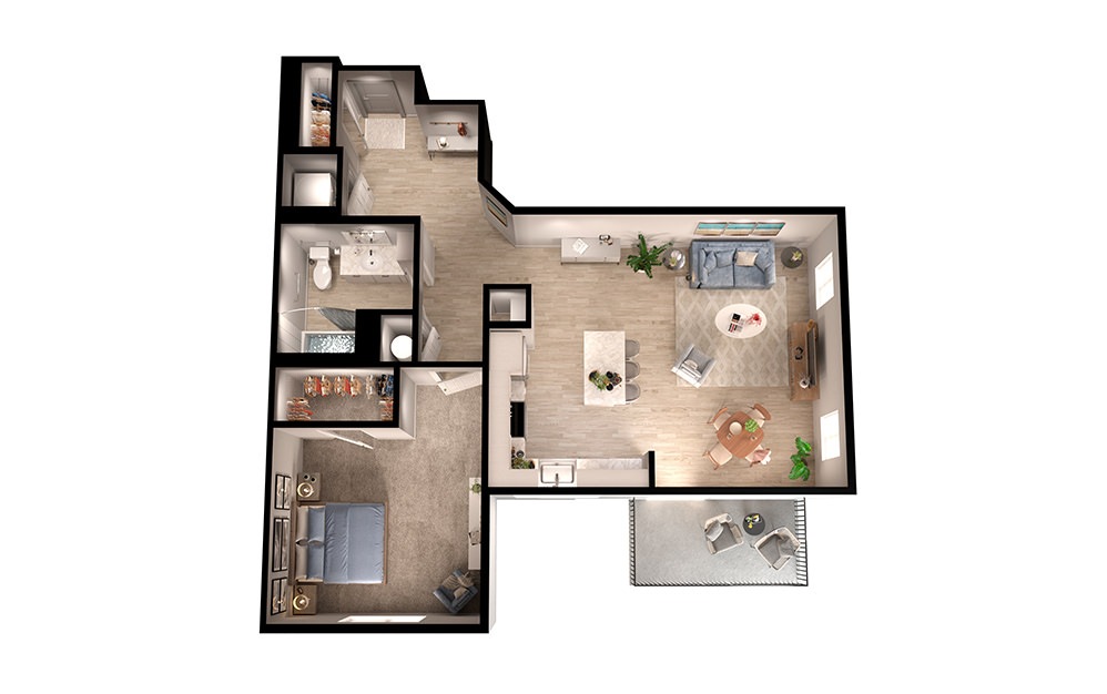 A3C1 - 1 bedroom floorplan layout with 1 bathroom and 925 square feet (3D)