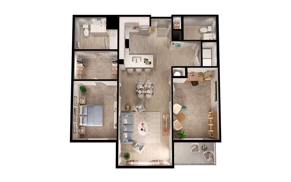 AD2 - 1 bedroom floorplan layout with 1.5 bathroom and 1201 square feet (3D)