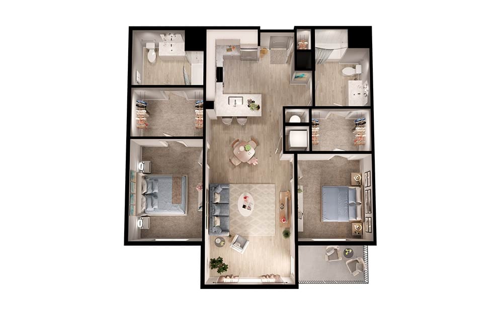 B1a - 2 bedroom floorplan layout with 2 bathrooms and 1201 square feet (3D)