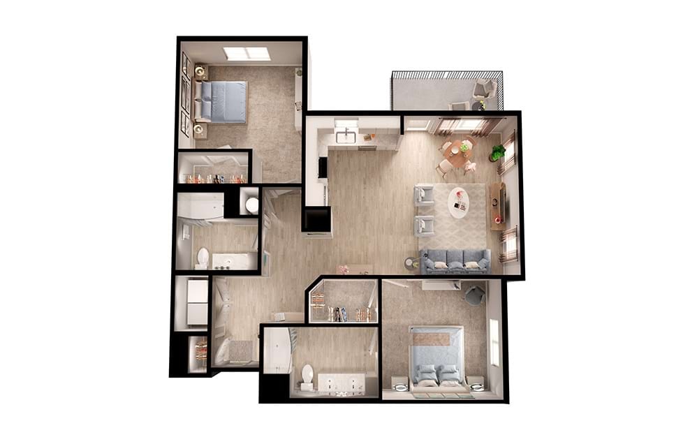 B2C1a - 2 bedroom floorplan layout with 2 bathrooms and 1254 square feet (3D)