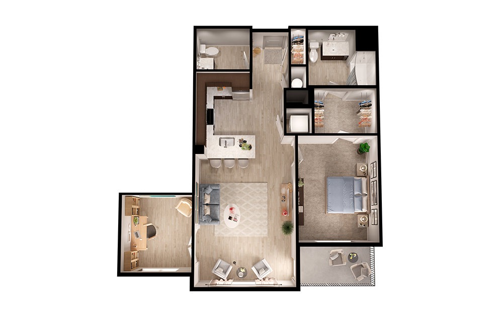 AD1 - 1 bedroom floorplan layout with 1.5 bathroom and 1010 square feet (3D)