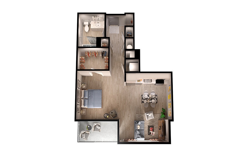 S1 - Studio floorplan layout with 1 bathroom and 725 square feet (3D)