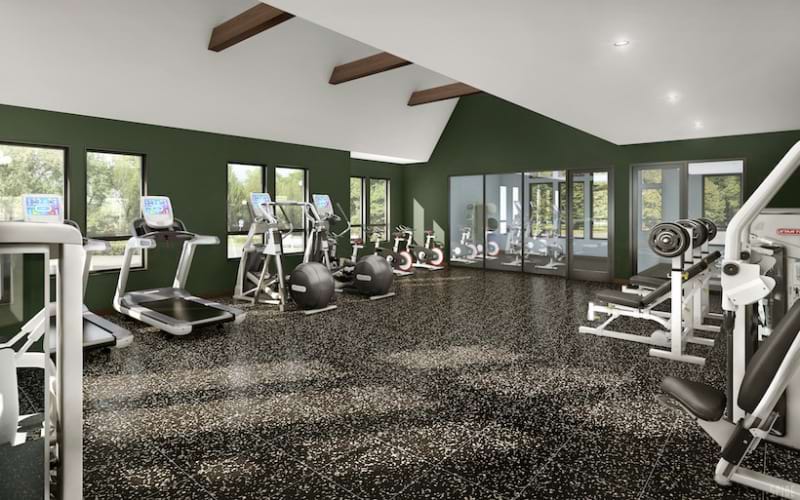 Fitness center with treadmills, weights, exercise bikes, and ellipticals.  